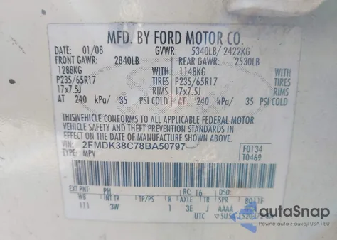 2008 Ford Edge Sel from USA, damaged, VIN 2FMDK38C78BA50797